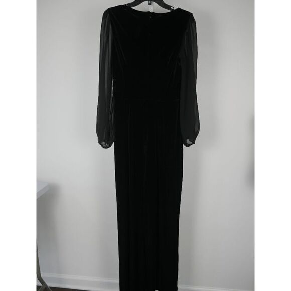 CeCe Women's Black Velvet Long-Sleeve Tie-Waist V-Neck Jumpsuit M - Picture 4 of 11